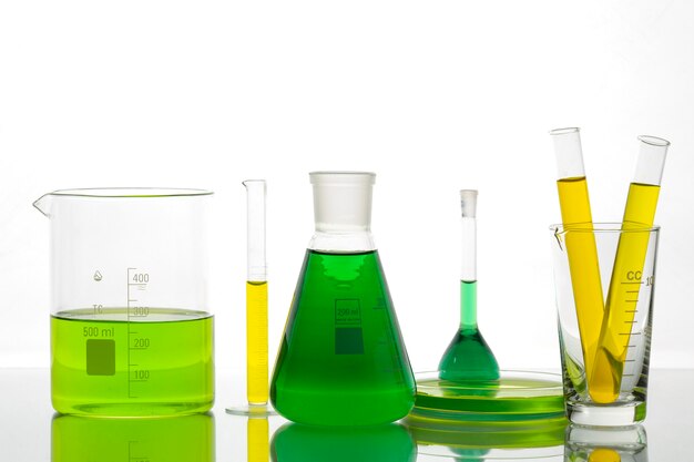 Laboratory glassware with colored liquid