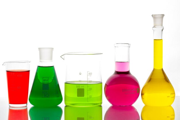 Laboratory glassware with colorful liquid arrangement