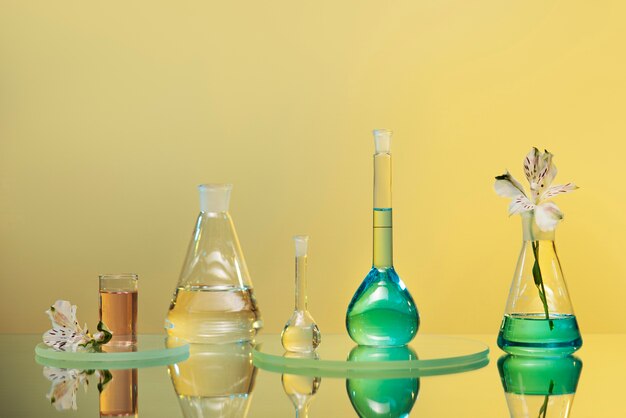 녹색 액체 배열이 있는 실험실 유리 제품