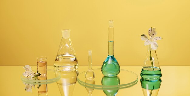 Laboratory glassware with green liquid