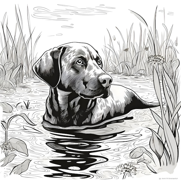 Free photo labrador retriever in the water black and white vector illustration