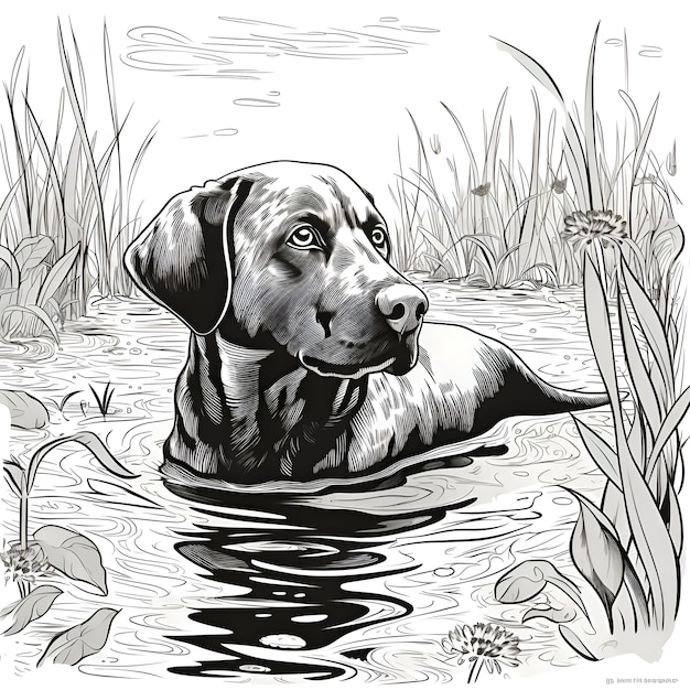 Labrador Retriever in the water Black and white vector illustration