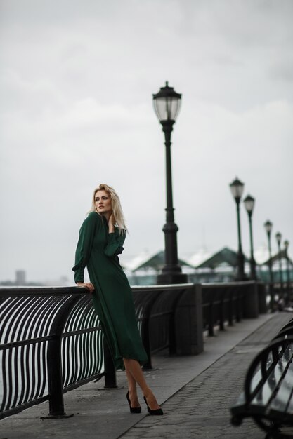 Леди в зеленом платье позирует на набережной в туманный день