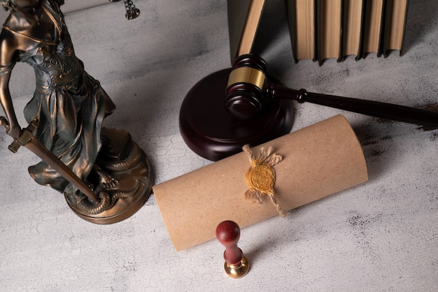 正義​の​女神​、​裁判官​の​ガベル​、​本​、​古い​木製​の​テーブル​に​シール​と​スタンプ​が​付いた​羊皮紙​の​巻物