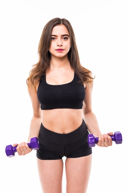 Lady with long hair demonstrate exercises for strong body figure isolated