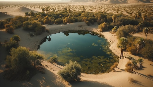 A lake in the desert with mountains in the background