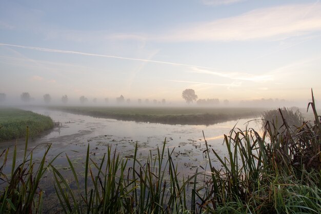 Lake in the middle of grassy fields with a mist at sunset