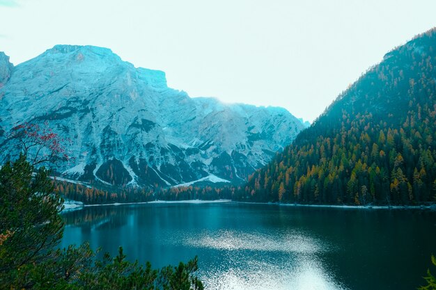 Lake in the middle of snowy and tree covered mountains