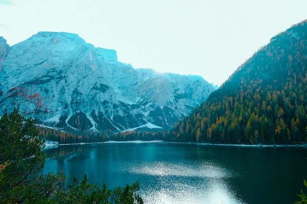 Lake in the middle of snowy and tree covered mountains