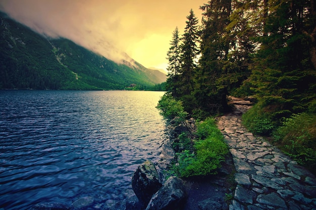 Lake in mountains.