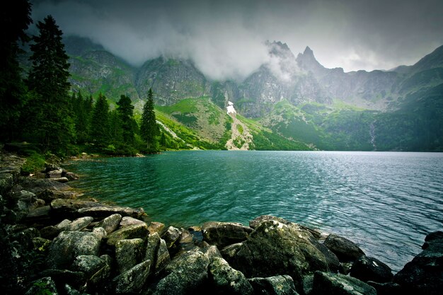Lake in mountains.