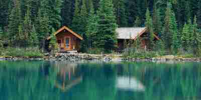 Free photo lake o'hara in yoho national park with waterfront carbin.