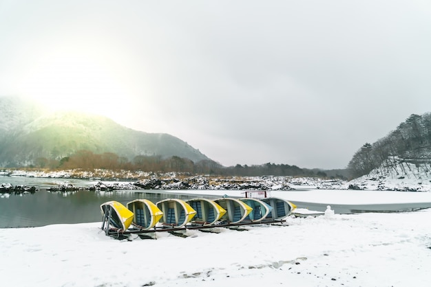 精進湖日本。美しい白い冬の景色