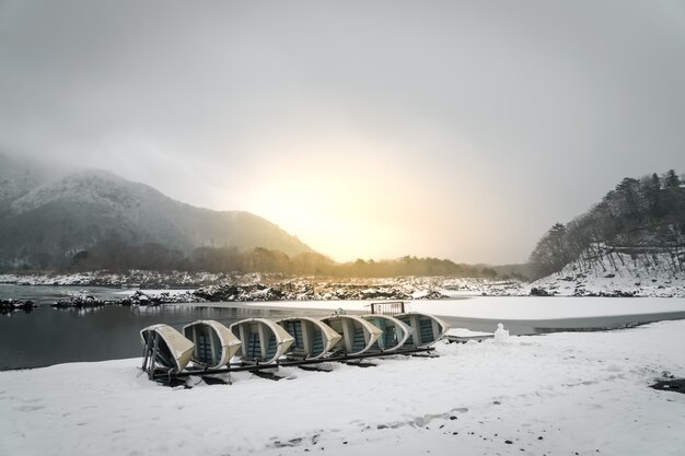 Lake Shoji Japan. view of beautiful white winter