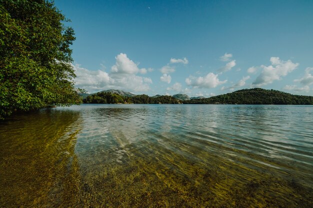 Lake surrounded by rocky landscape