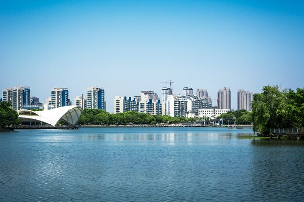 lake with city