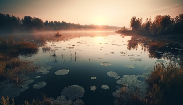 A lake with a sunset in the background