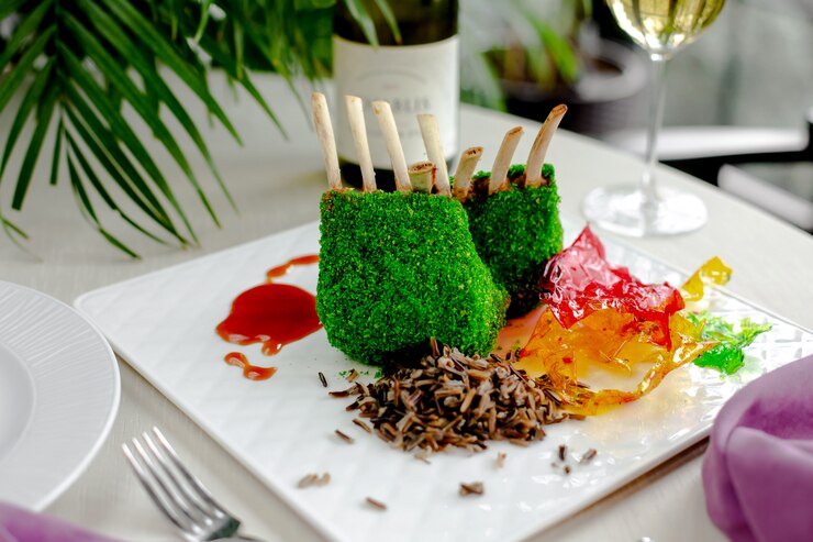 Free Photo lamb ribs covered with green coconut sprinkles served with thai rice