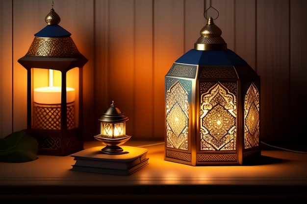 Free photo a lamp with arabic lamps on a table