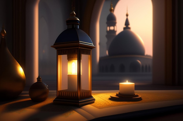 Free photo a lamp with a candle in front of a mosque.