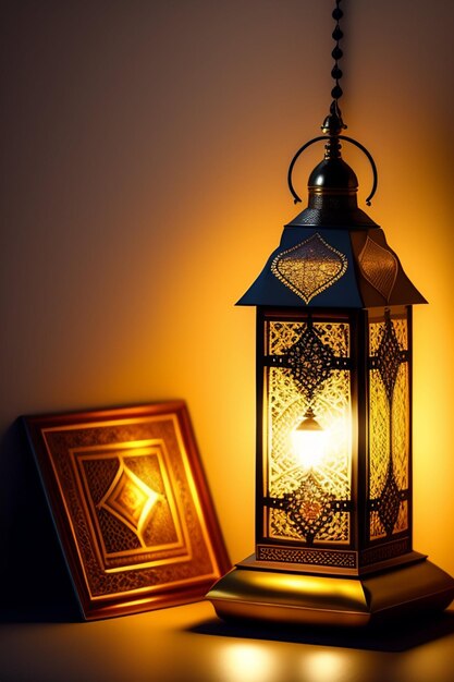 A lamp with a picture frame that says'ramadan'on it