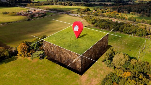 自然の風景と場所のピンがある土地区画