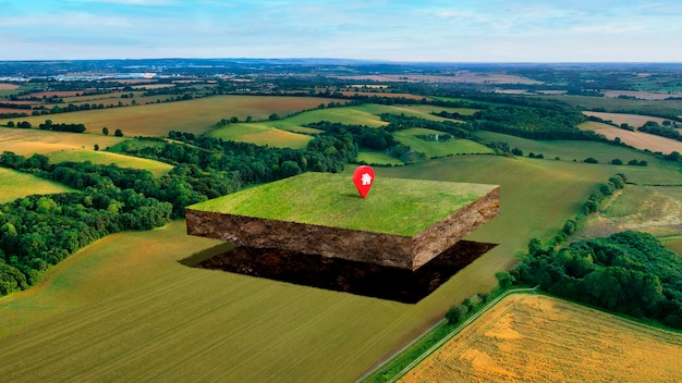 自然の風景と場所のピンがある土地区画