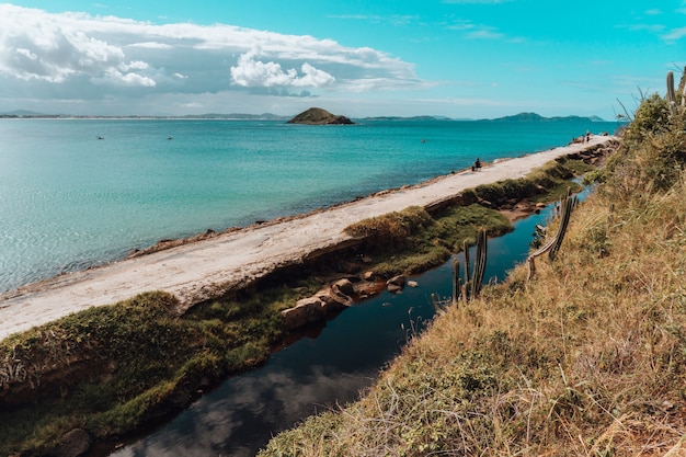 Landscape of a beach in Rio De Janeiro with a sand road and mountain formation