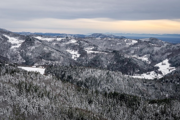 Landscape of Black Forest Mountains covered in the snow during the sunrise in Germany