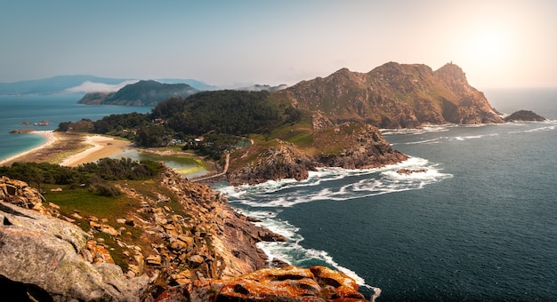 Landscape of the Cies Islands surrounded by the sea under the sunlight in Spain