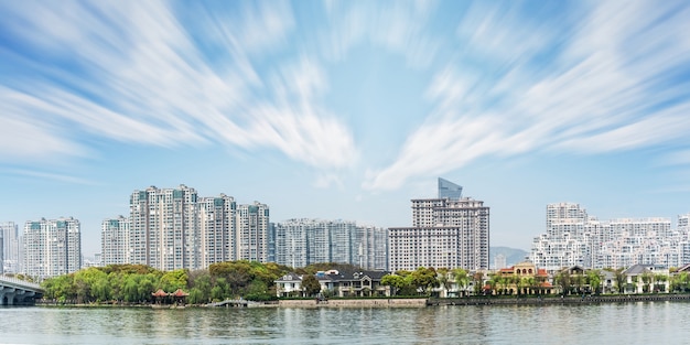 Landscape of city center with many buildings