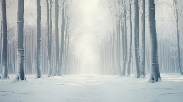 A landscape of a forest in winter with fog in the background