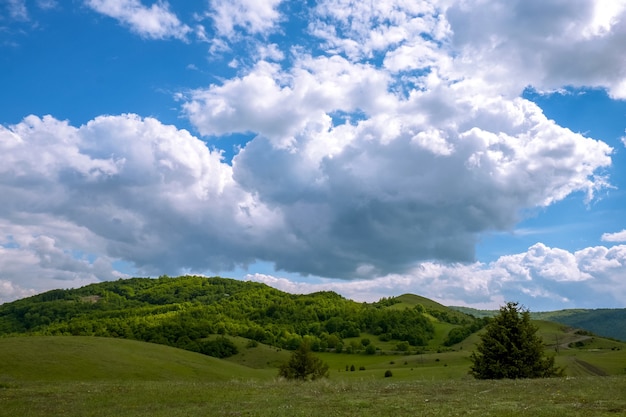 Landscape of hills covered in forests under the sunlight and a cloudy sky at daytime