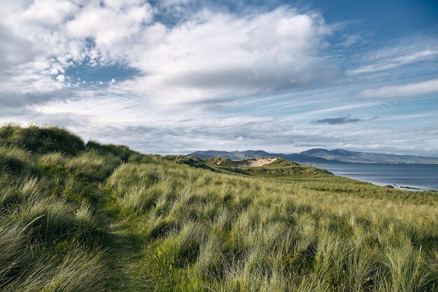 Landscape of hills covered in the grass surrounded by the Rossbeigh Strand and the sea in Ireland