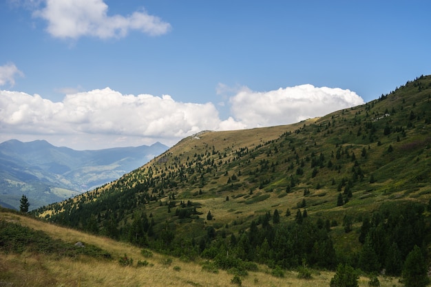 Landscape of hills covered in greenery with rocky mountains under a cloudy sky on the