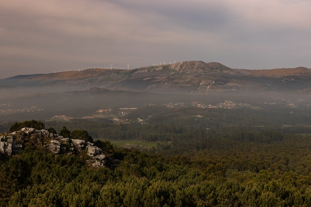 夕方の曇り空の下で緑と霧に覆われた丘と岩の風景