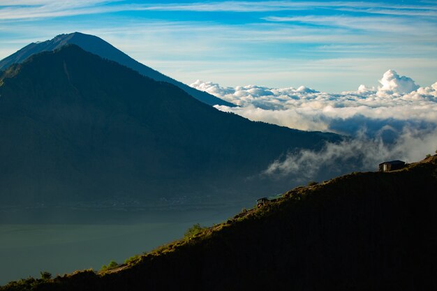 Landscape. house on the mountain. Volcano Batur. Bali Indonesia