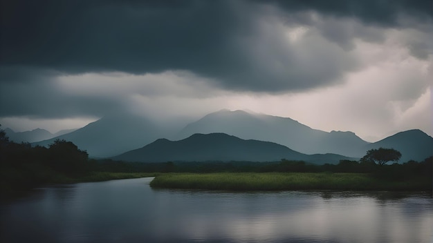 Free photo landscape of mountain and lake with cloudy sky background thailand