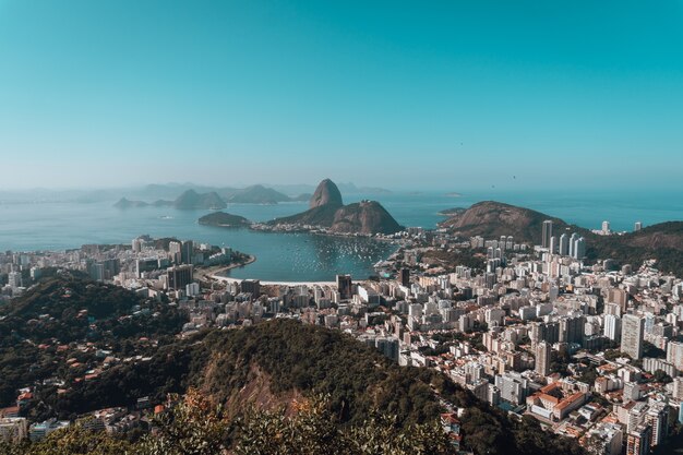 Landscape of Rio De Janeiro surrounded by the sea under a blue sky in Brazil