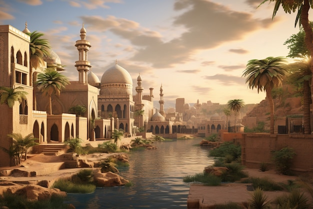 Scena paesaggistica dell'antica baghdad ispirata ai videogiochi