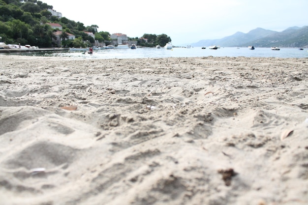 Landscape shot of a sandy beach with a clear blue sky