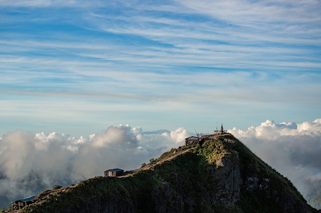 Landscape. Temple in the clouds on the top of Batur volcano. Bali Indonesia