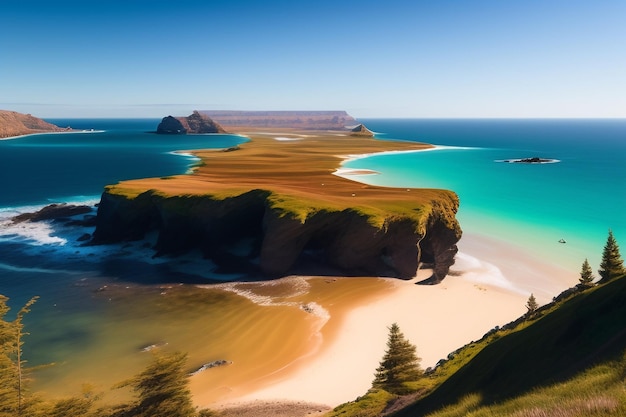 A landscape with a beach and a blue ocean