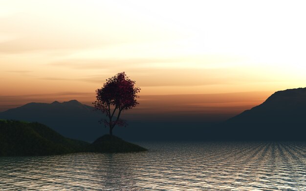 3D визуализации японского клена на травянистой острове в океане против закат небо