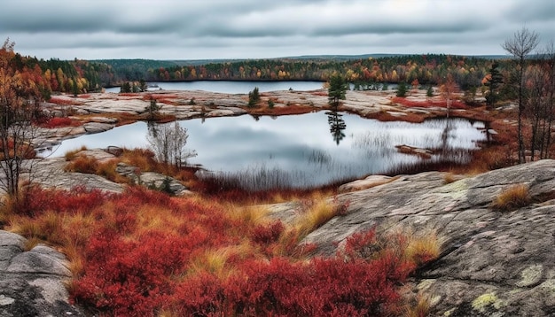 Un paesaggio con un lago e una foresta sullo sfondo