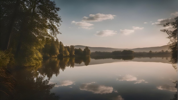 Foto gratuita paesaggio con lago e alberi sullo sfondo al tramonto