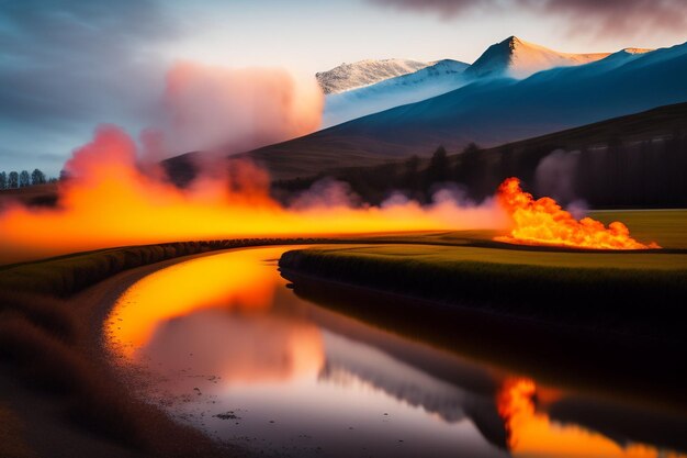 A landscape with mountains and a river with a river running through it