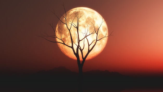 Foto gratuita paesaggio con silhouette vecchio albero contro un cielo rosso al chiaro di luna