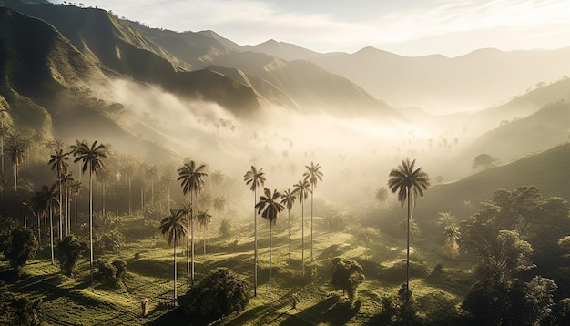 Free photo a landscape with palm trees in the foreground and mountains in the background