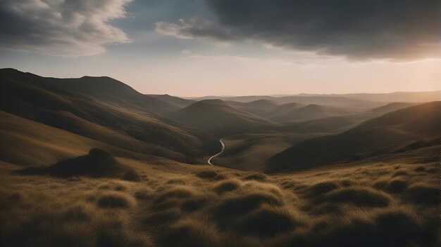 日没時の山の道路のある風景3Dレンダリング